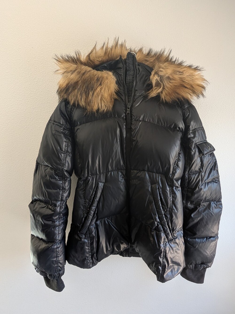 S13 Womens Kylie Down Puffer Jacket with Faux Fur Hood Black Size L